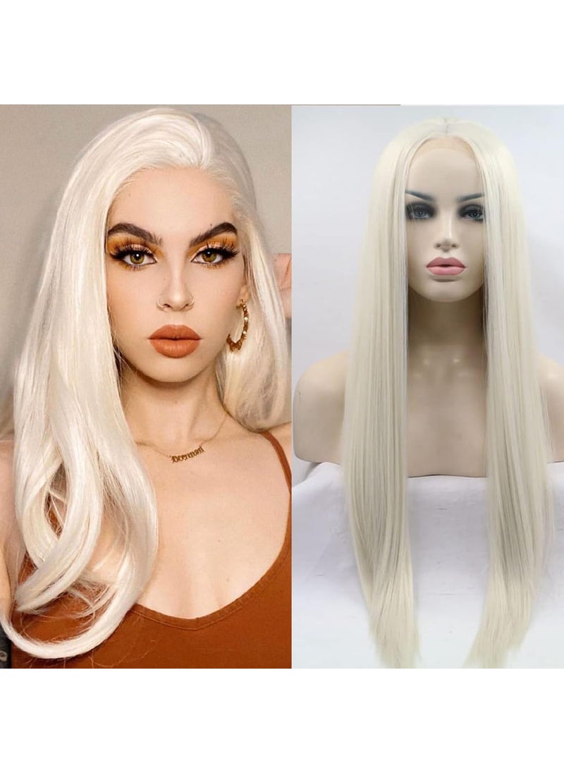 Xiweiya xiweiya 60# White Blonde Wigs Middle Part Heat Resistant Fiber Hair Natural Hairline Wigs Long Silky Straight Synthetic Platinum Blonde Lace Front Wigs 13x3 Lace Wig for Women 26inch 