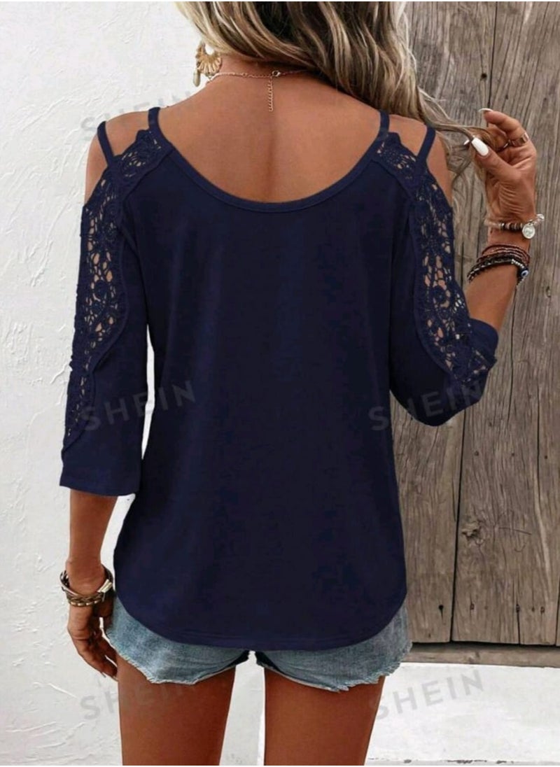 Shein - SHEIN LUNE Contrast Lace Cold Shoulder Tee - Image 1