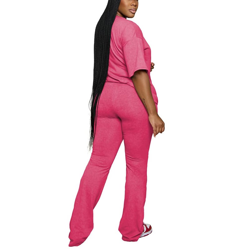 PINSV Womens Sets 2 Piece Outfits Casual Short Sleeve Top and Flare Pants Lounge Sets Tracksuit Rose Red XL - Image 2
