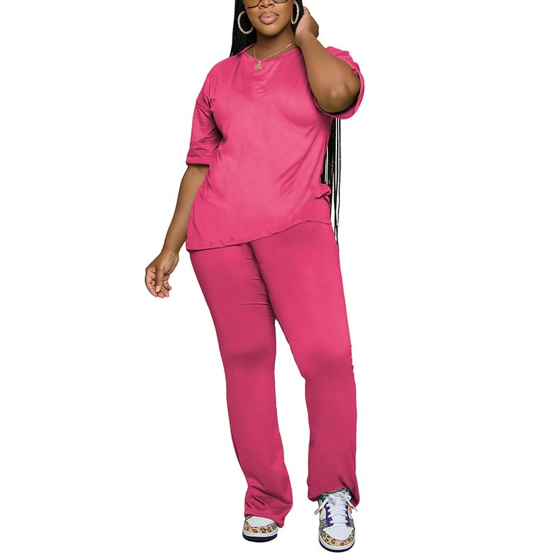 PINSV Womens Sets 2 Piece Outfits Casual Short Sleeve Top and Flare Pants Lounge Sets Tracksuit Rose Red XL - Image 4