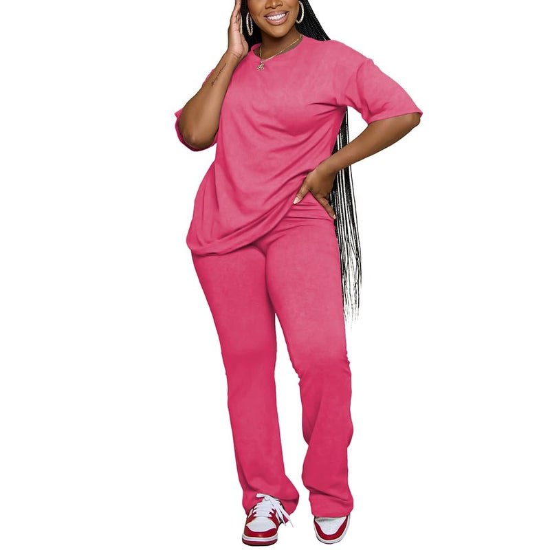 PINSV Womens Sets 2 Piece Outfits Casual Short Sleeve Top and Flare Pants Lounge Sets Tracksuit Rose Red XL - Image 3