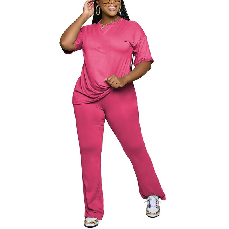 PINSV Womens Sets 2 Piece Outfits Casual Short Sleeve Top and Flare Pants Lounge Sets Tracksuit Rose Red XL - Image 5