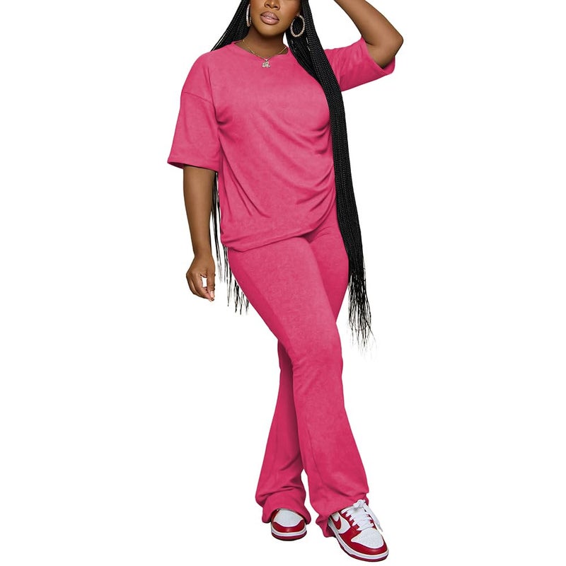 PINSV Womens Sets 2 Piece Outfits Casual Short Sleeve Top and Flare Pants Lounge Sets Tracksuit Rose Red XL - Image 1