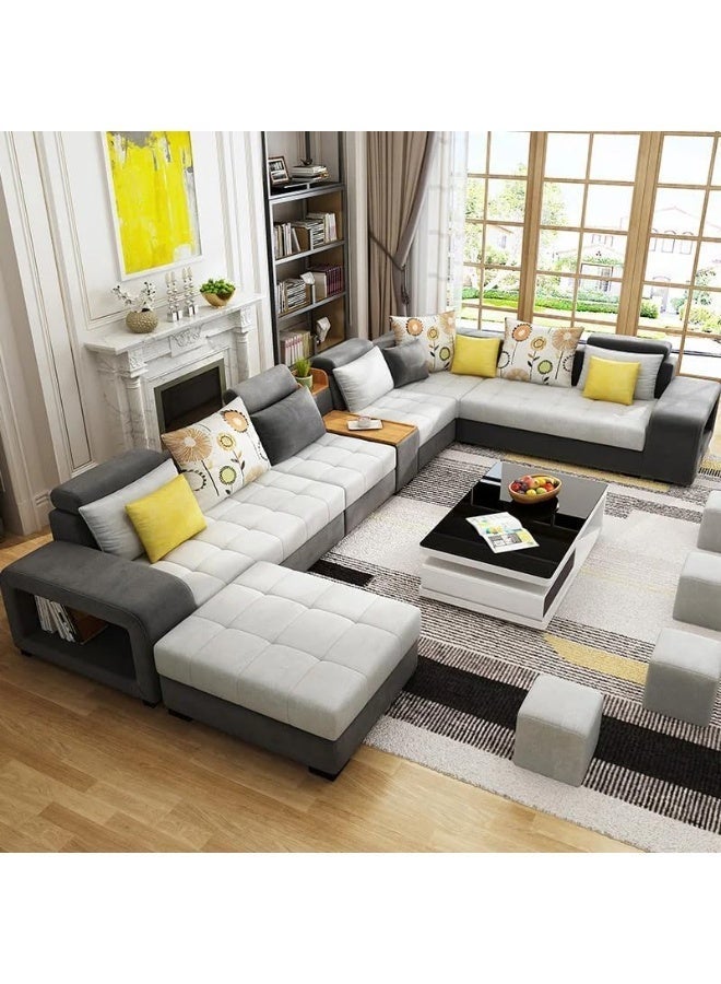 Al Zakharef Furniture Mississippi Luxury U-Shaped Modular Sofa Set (Beige & Grey) – Velvet Fabric Sectional Couch with Solid Wood Frame, Storage Armrest & Soft Cushions – Modern Living Room Furniture - Image 1