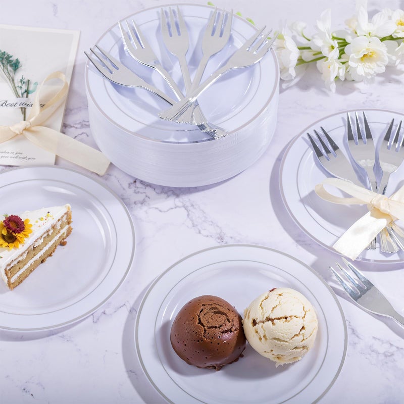 WELLIFE 240PCS Silver Plastic Dessert Plates - Includes 120PCS Silver Forks  120PCS 6.3 Inch Salad & Appetizer Plates - Perfect for Weddings & Parties - Image 4