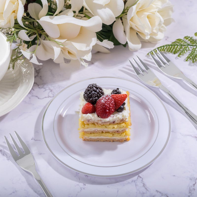 WELLIFE 240PCS Silver Plastic Dessert Plates - Includes 120PCS Silver Forks  120PCS 6.3 Inch Salad & Appetizer Plates - Perfect for Weddings & Parties - Image 2