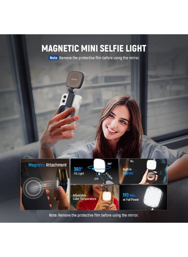 مصباح سيلفي مغناطيسي متوافق مع هواتف iPhone المزودة بتقنية MagSafe، إضاءة حلقية LED قابلة للطي بقوة 700 لوكس/0.3 متر مع حامل/مرآة للتصوير الفوتوغرافي وتسجيل الفيديو ومكالمات الفيديو، أسود NL48B - Image 3