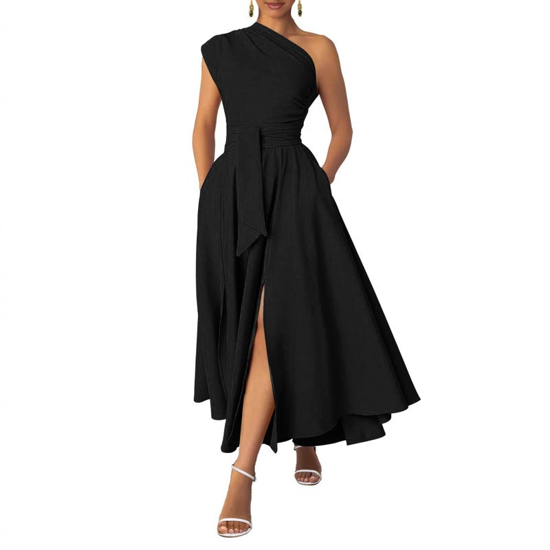 Ekaliy Women's One Shoulder Belted Maxi Dress Long Formal Wedding Guest Dress with Pockets Black L - Image 1