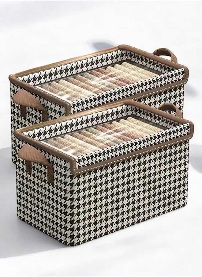 ZCM-HAPPY 2 Piece Houndstooth Steel Frame Foldable Clothing Fabric Storage Box with Lid, Household Wardrobe Organizer for Clothes, Pants and Accessories Storage Box (50x32x30 cm)  - Image 1
