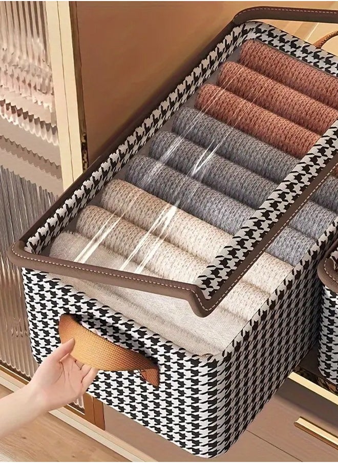 ZCM-HAPPY 2 Piece Houndstooth Steel Frame Foldable Clothing Fabric Storage Box with Lid, Household Wardrobe Organizer for Clothes, Pants and Accessories Storage Box (50x32x30 cm)  - Image 3