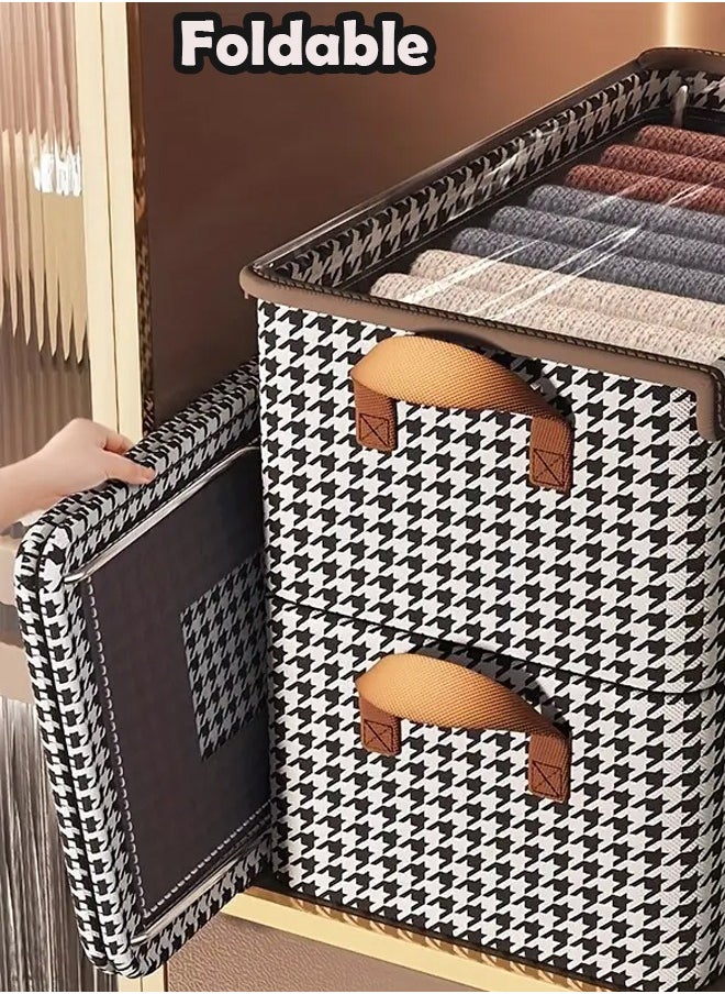 ZCM-HAPPY 2 Piece Houndstooth Steel Frame Foldable Clothing Fabric Storage Box with Lid, Household Wardrobe Organizer for Clothes, Pants and Accessories Storage Box (50x32x30 cm)  - Image 5