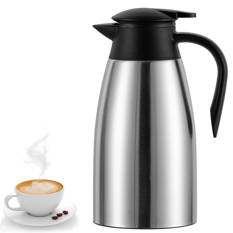 LRUUIDDE 70 Oz Insulated Thermal Coffee Carafe Stainless Steel Double Walled Vacuum Coffee Thermos Hot Water Tea Hot Beverage Dispenser Keep 24 Hour Heat Retention12 Hour Cold Retention Sliver 2L