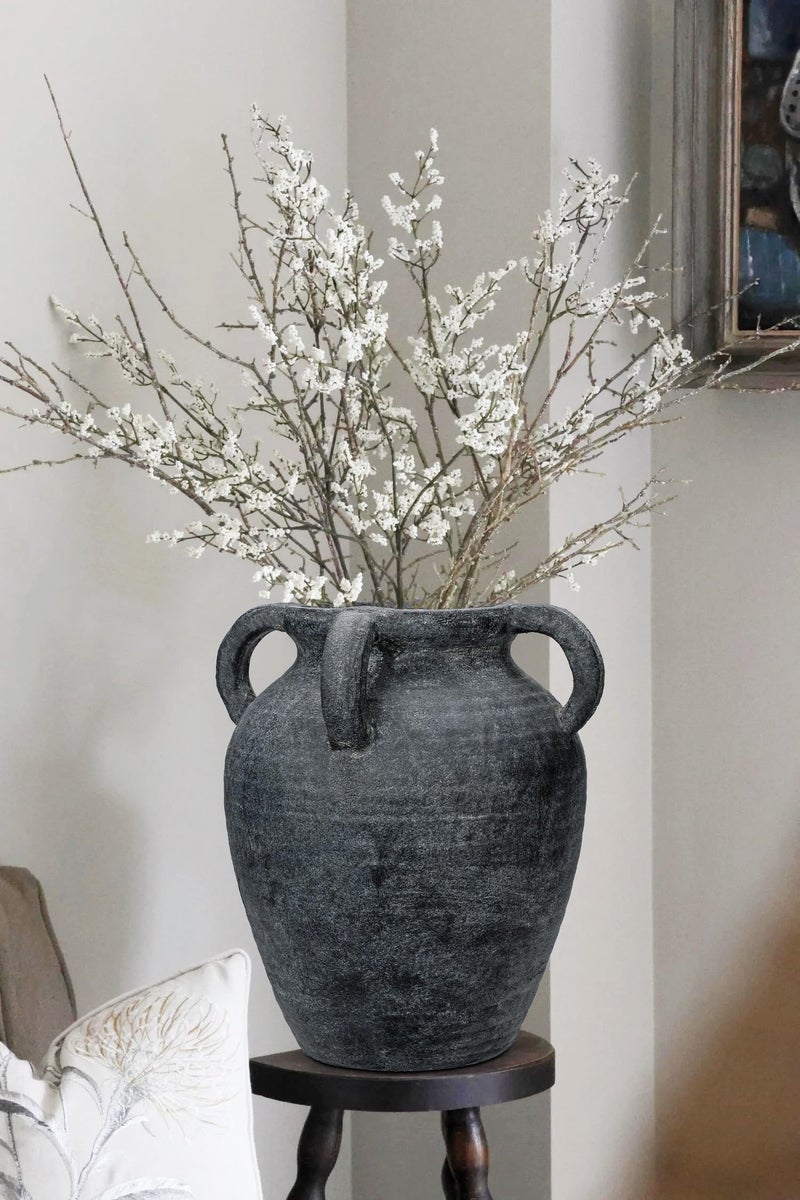 Arborus Handmade Flower Vase, 12" Tall Terracotta Vase, Vintage Black Ceramic vase, Rustic Antique Decor with 3 Handles, Wide Mouth, Matte Finish for Home Office Resto CafÃ© DÃ©cor - Image 5