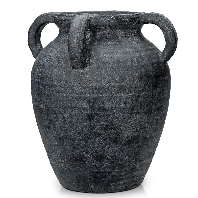 Arborus Handmade Flower Vase, 12" Tall Terracotta Vase, Vintage Black Ceramic vase, Rustic Antique Decor with 3 Handles, Wide Mouth, Matte Finish for Home Office Resto CafÃ© DÃ©cor - Image 1