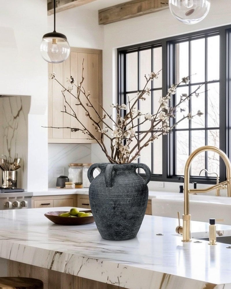 Arborus Handmade Flower Vase, 12" Tall Terracotta Vase, Vintage Black Ceramic vase, Rustic Antique Decor with 3 Handles, Wide Mouth, Matte Finish for Home Office Resto CafÃ© DÃ©cor - Image 3