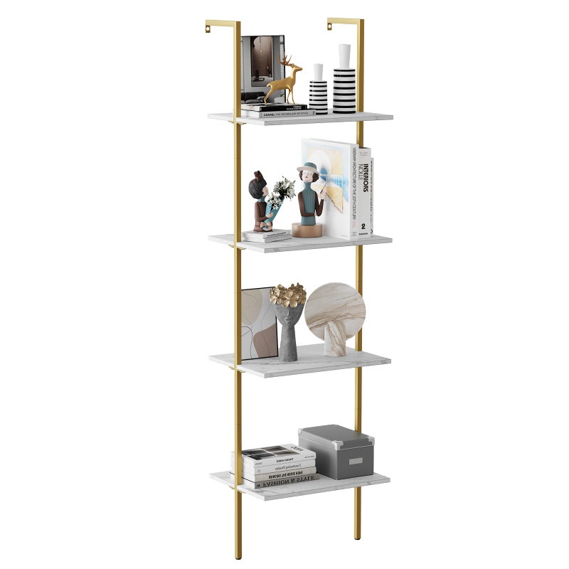 Wolawu Wolawu Ladder Shelf 4 Tiers Metal Industrial BookshelfWhite Marble Wood Tall Open Storage Rack and Display ShelvesWall Mount Wide Book Case for Home Office BedroomSmall 