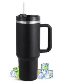BUPY 40 oz Tumbler with Handle and Straw Lid 2-in-1 Stainless Steel Vacuum Insulated for Hot and Cold Beverages Travel Mug Gift for Car Gym Camp Home Office, Black  - Image 1