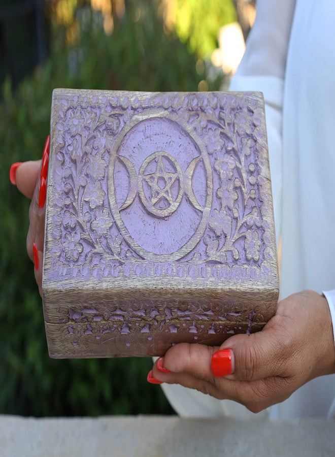DharmaObjects Triple Moon Hand Carved Jewelry Trinket Keepsake Wooden Storage Box (Purple, Large) - Image 1