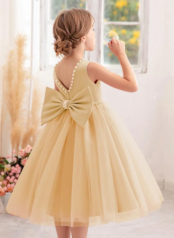 تايك تو فستان حفلات أميرة للفتيات بياقة خلفية عميقة وتفاصيل لؤلؤ وفيونكة