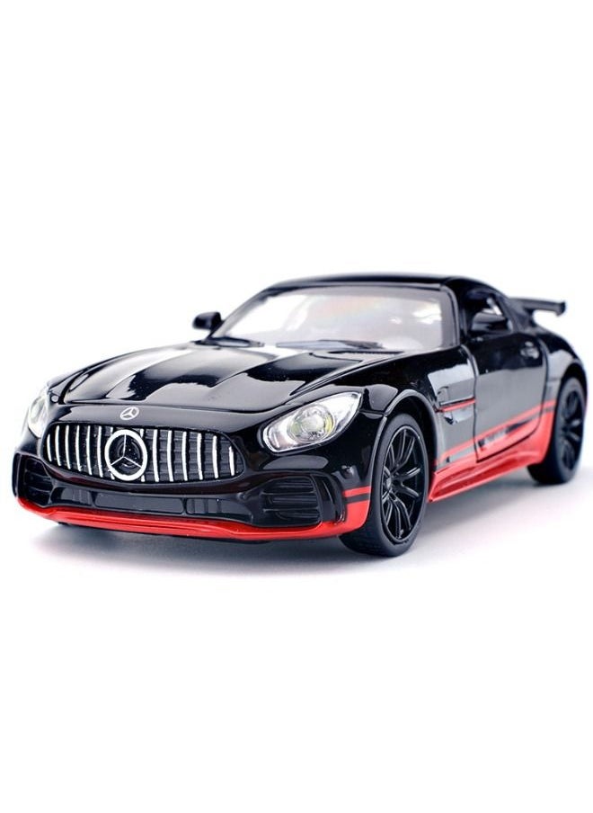 موديل كار لعبة نموذج سيارة AMG GTR 1:32، لعبة سحب للخلف مصنوعة من سبائك الزنك، سيارة نموذج سحب للخلف للصوت والضوء للأطفال الأولاد والبنات (أسود/أحمر)  - Image 1