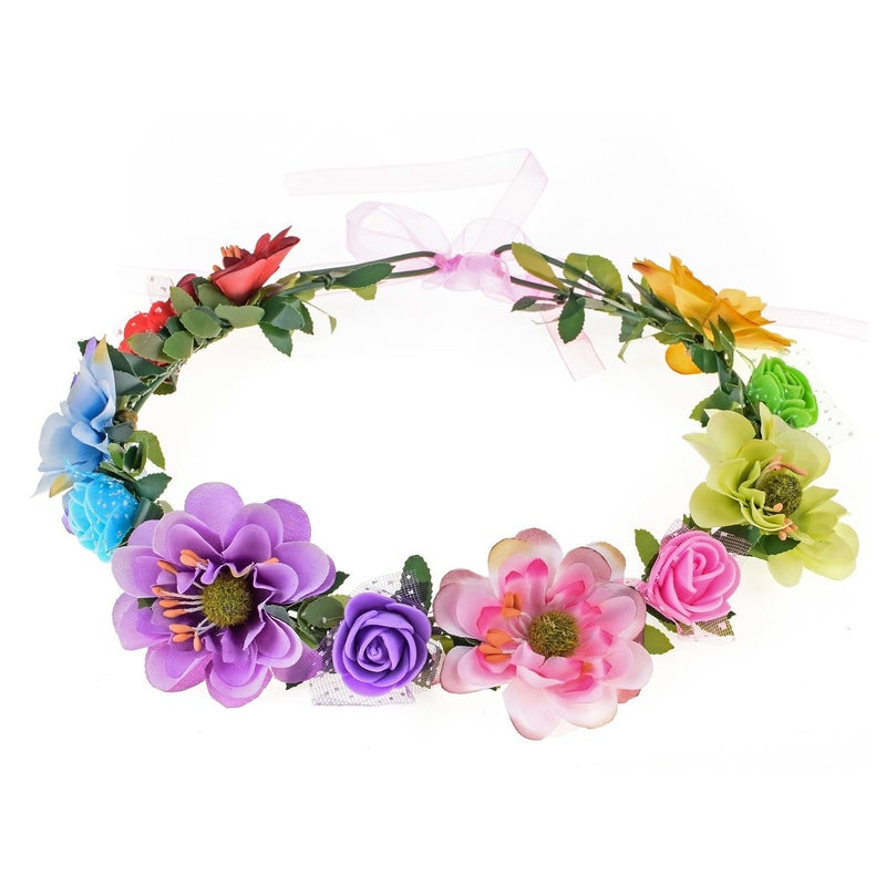 June Bloomy Rose Flower Leave Crown Bridal Halo Headband with Adjustable Ribbon Rainbow