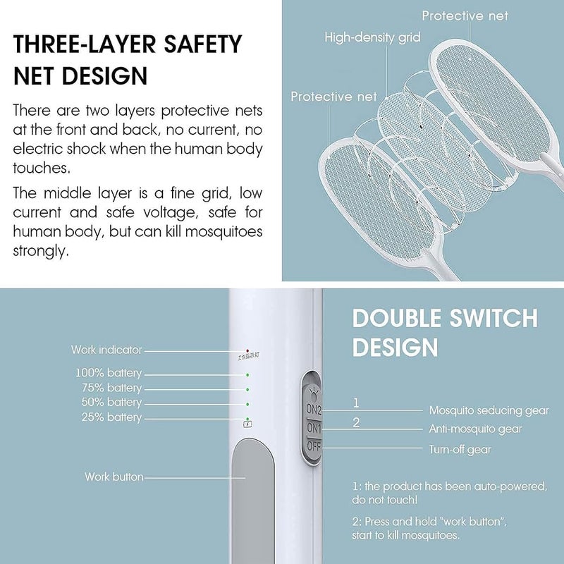 Spaceshoop Eleadsouq Electric Fly Swatter Racket,Mosquito Fly Killer Bug Zapper Bat Racket,USB Rechargeable Fly Swatter with 3-Layer Mesh Protection & LED Lighting Safe to Indoor and Outdoor Pest Control - Image 5