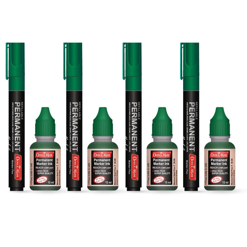 Office Mate Soni Officemate Permanent Combo (4 Permanent Markers + 4 Permanent Markers Ink) (Green) - Image 1