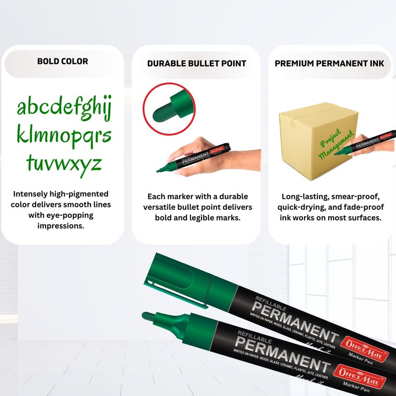 Office Mate Soni Officemate Permanent Combo (4 Permanent Markers + 4 Permanent Markers Ink) (Green) - Image 3