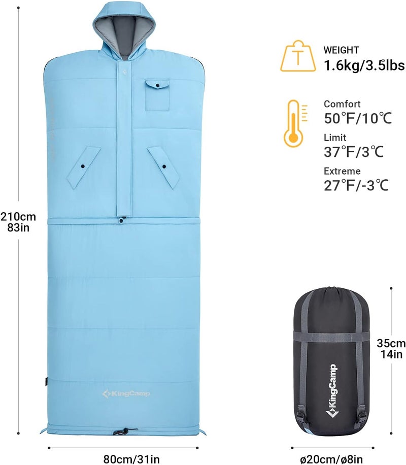 KingCamp كيس نوم كينغ كامب خارجي قطن دافئ بطانية كيس نوم محمول خفيف 3-4 مواسم للتخييم كيس نوم للأطفال والبالغين التخييم والمشي لمسافات طويلة حجم صغير 1.6 كجم أزرق - Image 2