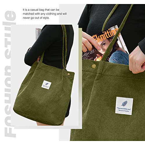 LHMTQVK Corduroy Tote Bags for Women, Large Capacity Corduroy Bag Reusable Grocery Shoulder Bag with Inner Pockets(Olive) - Image 5