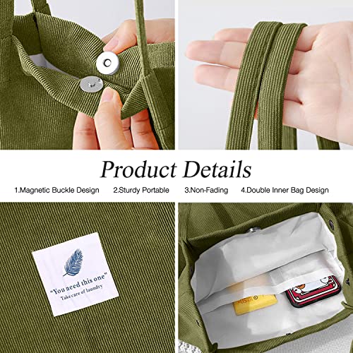LHMTQVK Corduroy Tote Bags for Women, Large Capacity Corduroy Bag Reusable Grocery Shoulder Bag with Inner Pockets(Olive) - Image 4