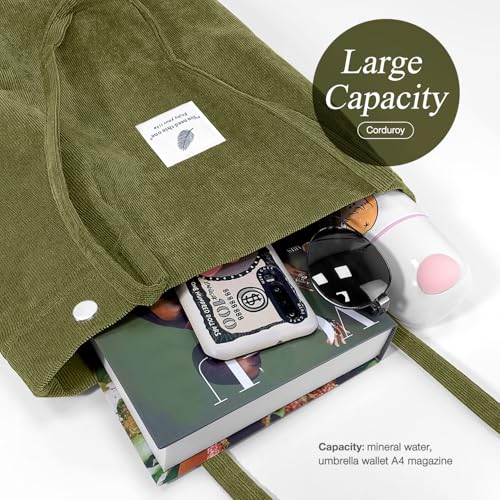 LHMTQVK Corduroy Tote Bags for Women, Large Capacity Corduroy Bag Reusable Grocery Shoulder Bag with Inner Pockets(Olive) - Image 3