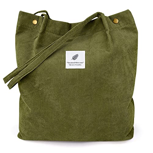 LHMTQVK Corduroy Tote Bags for Women, Large Capacity Corduroy Bag Reusable Grocery Shoulder Bag with Inner Pockets(Olive) - Image 1