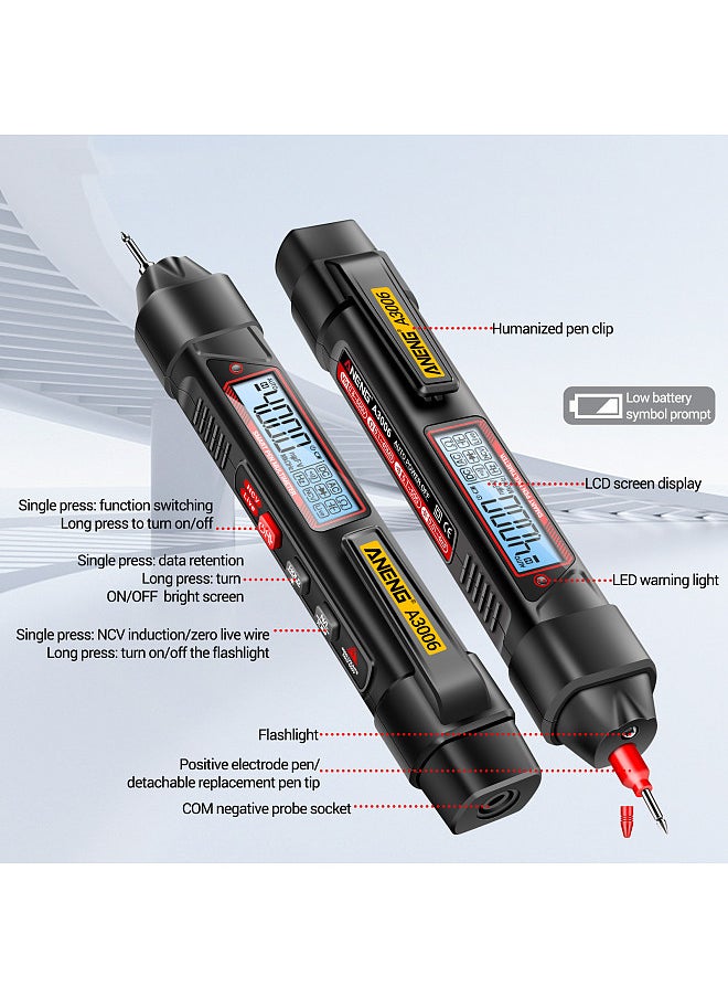A3006 Pen Type Digital Multimeter 4000 Count AC/DC Voltage Tester Zero Fire Line Detector Resistance Capacitance and Diode Testing Electric Tools