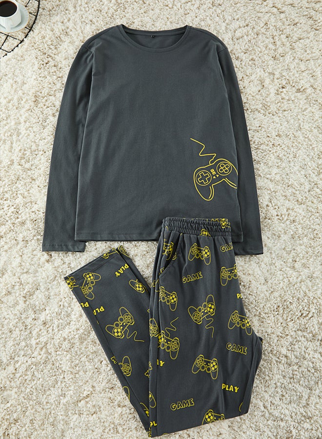 trendyol Anthracite Men's Regular Fit Printed Knitted 100% Cotton Pajama Set - Image 1