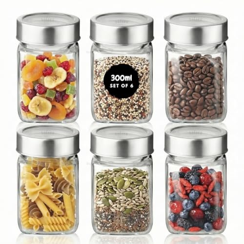 SILIVO Glass Square Shape Jars with Steel See-Through Lid [Set Of 6, 300ml] - Airtight Kitchen Storage Glass Containers for Kitchen Pantry, Snacks, Masala, Pickles, Dry Fruits & Coffee Beans - Image 1