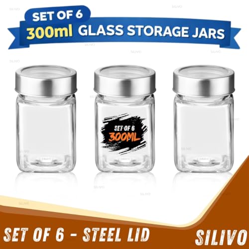 SILIVO Glass Square Shape Jars with Steel See-Through Lid [Set Of 6, 300ml] - Airtight Kitchen Storage Glass Containers for Kitchen Pantry, Snacks, Masala, Pickles, Dry Fruits & Coffee Beans - Image 2