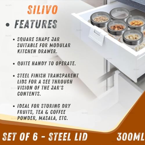 SILIVO Glass Square Shape Jars with Steel See-Through Lid [Set Of 6, 300ml] - Airtight Kitchen Storage Glass Containers for Kitchen Pantry, Snacks, Masala, Pickles, Dry Fruits & Coffee Beans - Image 3