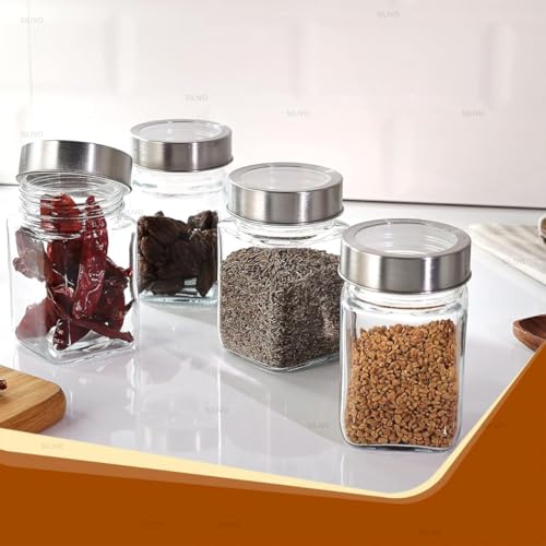 SILIVO Glass Square Shape Jars with Steel See-Through Lid [Set Of 6, 300ml] - Airtight Kitchen Storage Glass Containers for Kitchen Pantry, Snacks, Masala, Pickles, Dry Fruits & Coffee Beans - Image 5