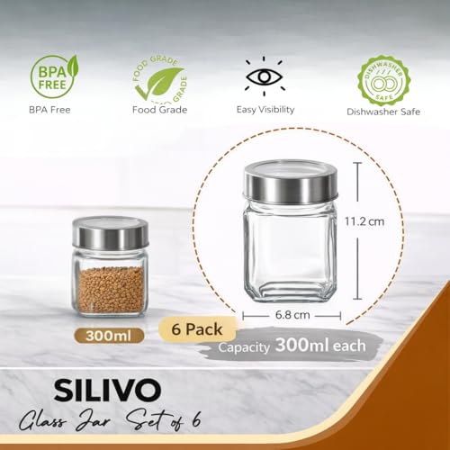SILIVO Glass Square Shape Jars with Steel See-Through Lid [Set Of 6, 300ml] - Airtight Kitchen Storage Glass Containers for Kitchen Pantry, Snacks, Masala, Pickles, Dry Fruits & Coffee Beans - Image 4