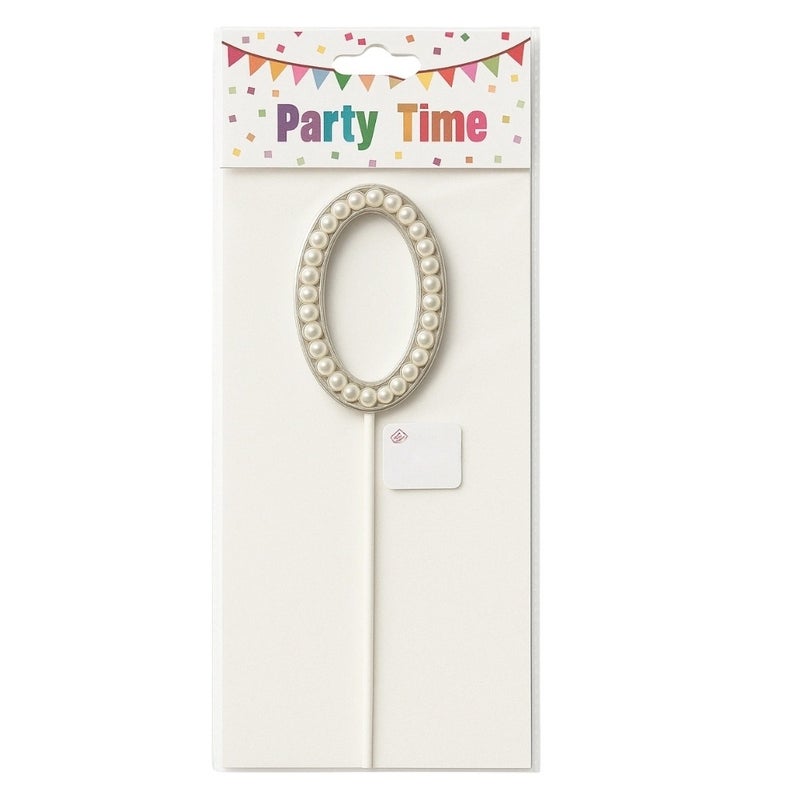 Party Time Number Zero Pearl Designed Birthday Cake Toppers- White