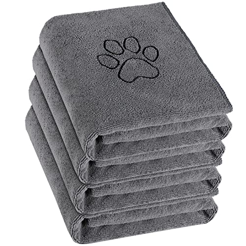 Chumia 4 Pack Dog Towels for Drying Large Microfiber Grooming Tools Absorbent Soft Bath Supplies with Embroidered Paw for Small Medium Pet Products16 x 32 InchGray - Image 1