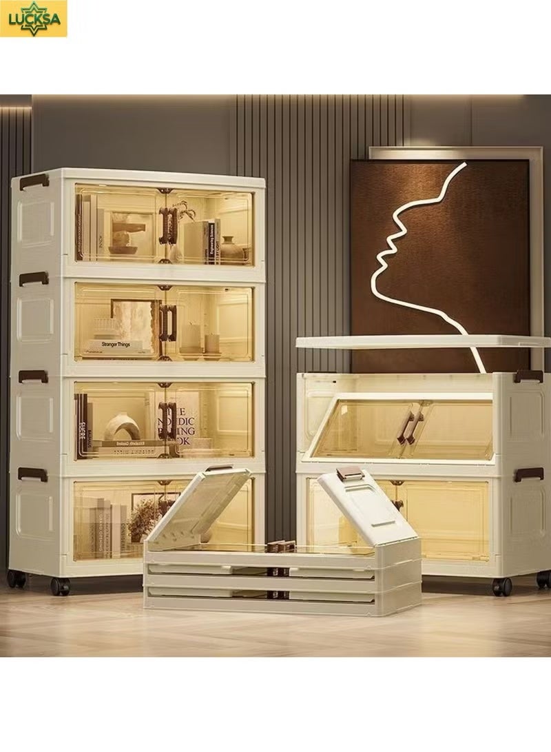 LuckSa 4-Tier 48CM Wide Foldable Plastic Storage Cabinet with Lids、Magnetic Doors and movable Wheels，Folding Storage bins，Stackable Storage Organizers - Image 4