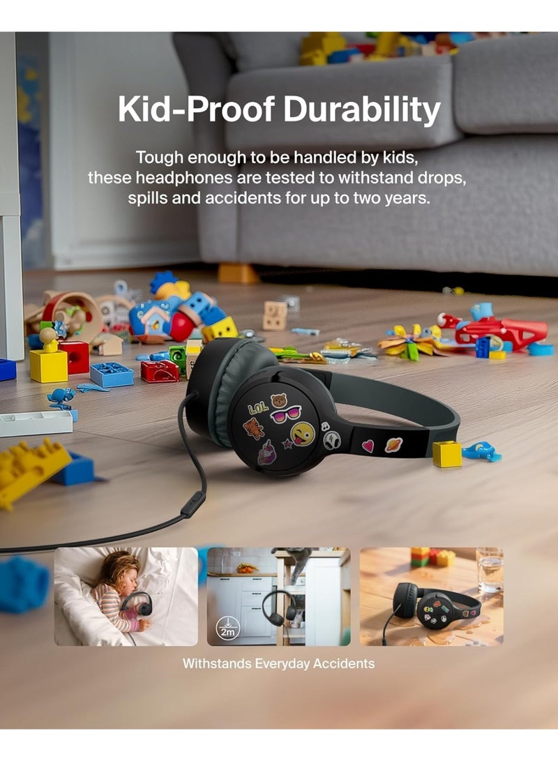 Belkin SoundForm Mini Kids Wired Headphones with USB-C to 3.5mm Dongle, Built-in Mic & Fun Stickers, 85dB Max Volume – for Online Learning, Travel, Compatible with iPhone, iPad, Galaxy, etc - Black black - Image 5