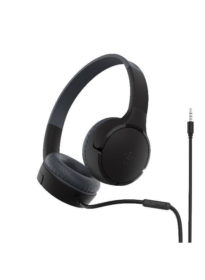 Belkin SoundForm Mini Kids Wired Headphones with USB-C to 3.5mm Dongle, Built-in Mic & Fun Stickers, 85dB Max Volume – for Online Learning, Travel, Compatible with iPhone, iPad, Galaxy, etc - Black black - Image 1