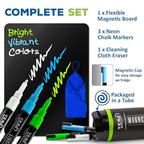 YES4QUALITY Magnetic Black Dry Erase Board for Fridge (12 x 8 inch), Stain-Resistant w/ 3 Magnetic, Fine-Tip Neon Chalk Markers & Eraser by Yes4Quality - Image 3