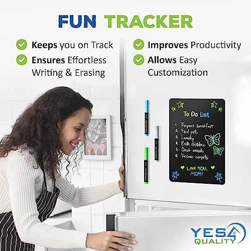 YES4QUALITY Magnetic Black Dry Erase Board for Fridge (12 x 8 inch), Stain-Resistant w/ 3 Magnetic, Fine-Tip Neon Chalk Markers & Eraser by Yes4Quality - Image 2