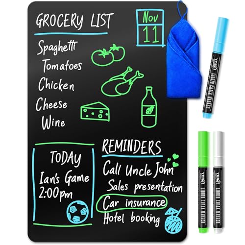 YES4QUALITY Magnetic Black Dry Erase Board for Fridge (12 x 8 inch), Stain-Resistant w/ 3 Magnetic, Fine-Tip Neon Chalk Markers & Eraser by Yes4Quality - Image 1