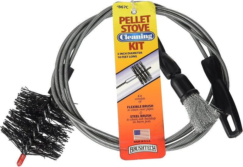 Pellet Stove Cleaning Brush Kit - 10-Foot Non-Kinking Spring Brush for 3-Inch Vent Pipes with Bonus Steel Ash Brush - Safe Airflow Maintenance for Stove Pipes
