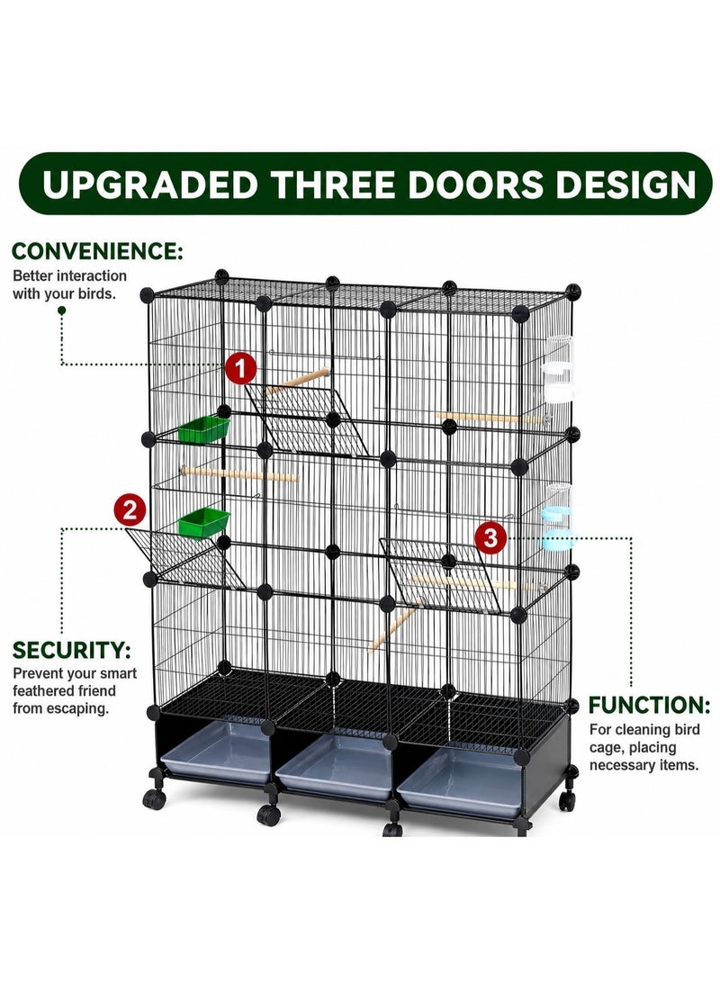 46-inch Large Rolling Bird Cage with 3 Slide-out Trays - DIY Multi-Level Parrot Flight Cage & Pet Playpen with 6 Perches, Feeders & 360° Wheels - Image 2